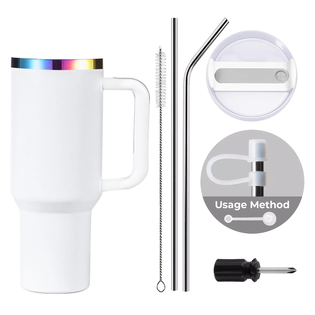 White to Iridescent Stainless Steel Tumbler with Removable Handle (40o
